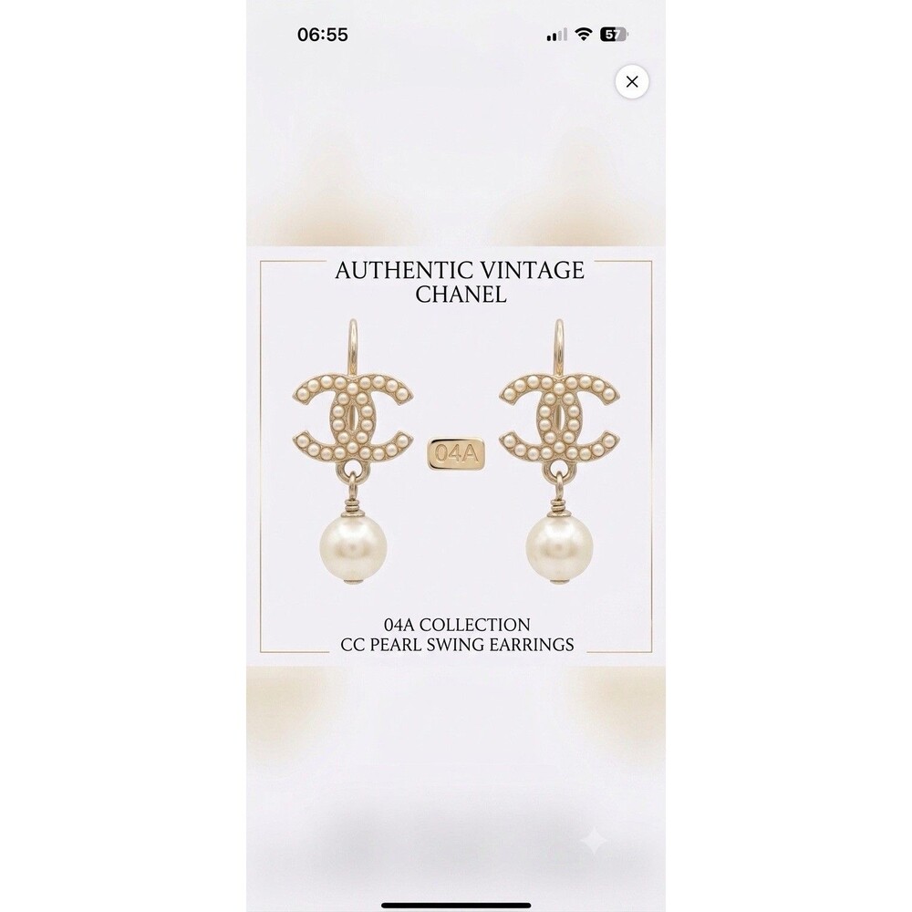 ⁠Chanel Vintage Faux Pearl CC Logo Dangle Drop Earrings Silver Tone 04A Pierced